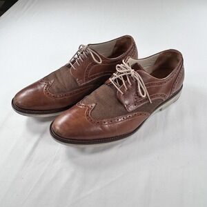 Johnston & Murphy Leather Canvas Oxfords Men's 10M Brown Wingtip Dress Shoes EUC